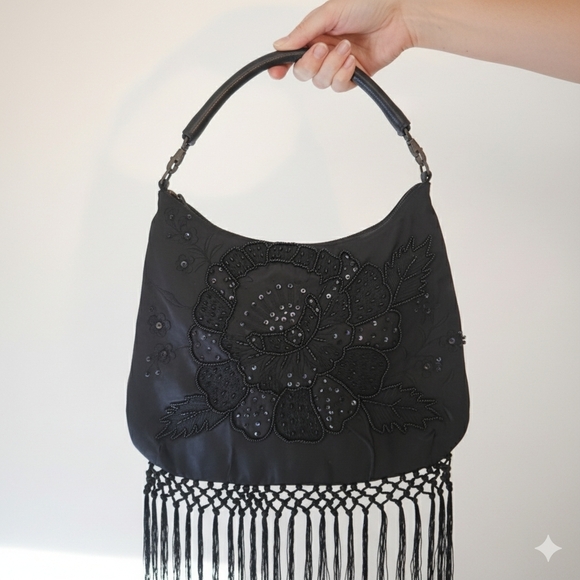 Y2K Vintage Black Beaded Fringe Sequin Evening Bag Mini Purse Party Flapper - Picture 1 of 11